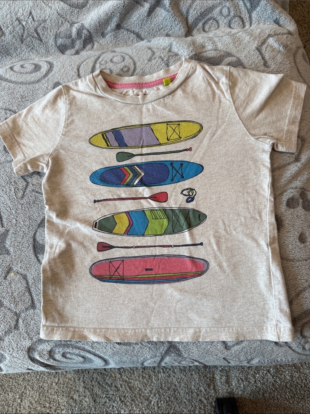 Mini Boden Cream Tee with Colorful Paddleboard Graphic